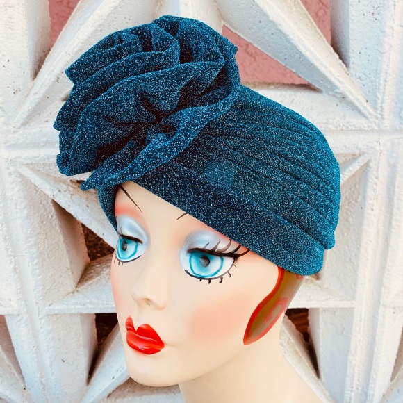 Gorgeous deep teal sparkle metallic flower turban hat - Picture 1 of 4
